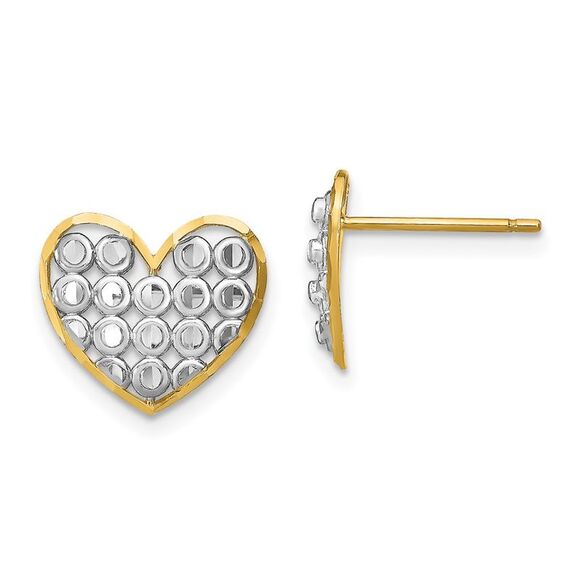 Kazi Luxury 14k Yellow Gold w/ Rhodium D/C Heart Post Earrings